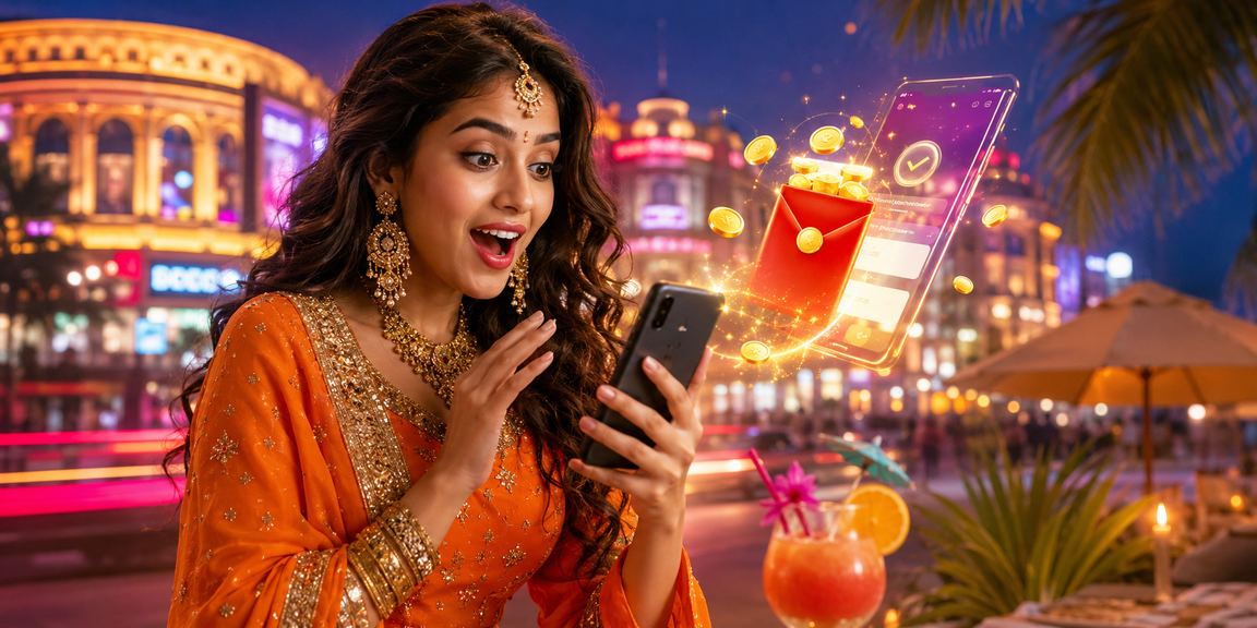Neon live casino game and red envelope bonus atmosphere in Delhi